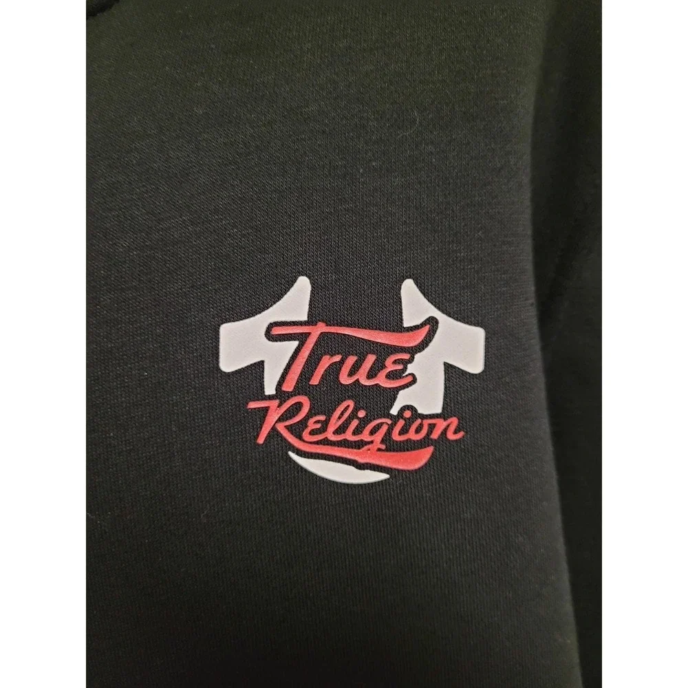 True Religion Script Oval Zip Fleece Hoodie Mens Black Graphic Buddha Size XXL‎
